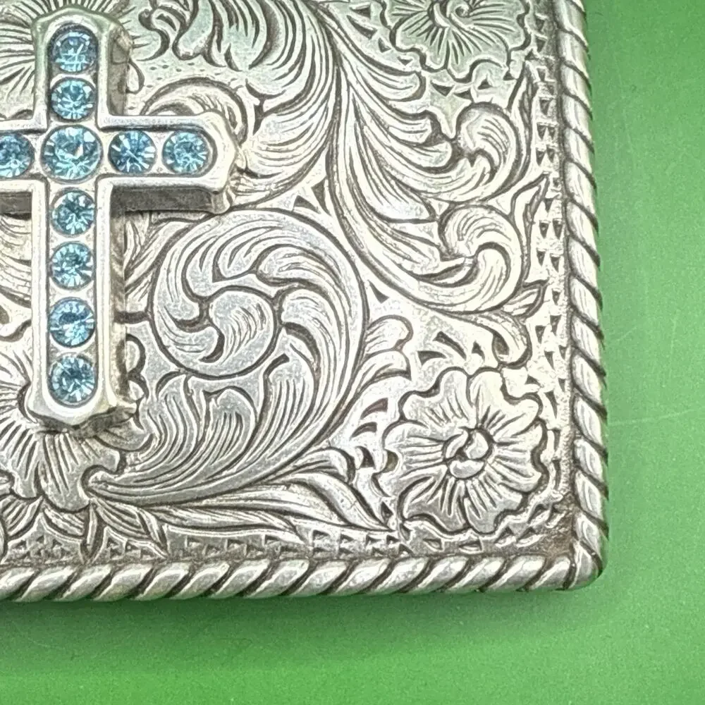 Nocona Womens Silver Tone Belt Buckle Blue Rhinestone Cross Floral Western Rodeo